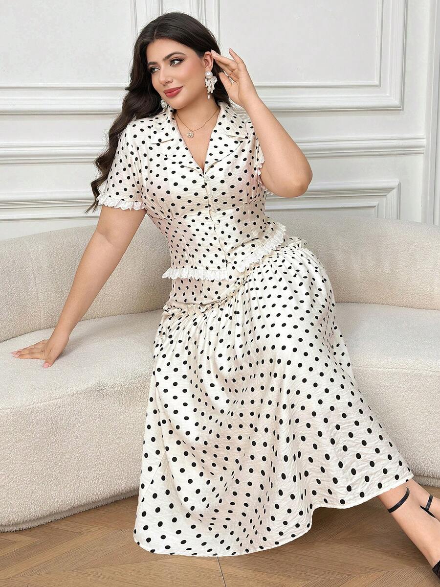 Dazy Plus Polka Dot Cardigan Lace Trim Patchwork Blazer Style Short Sleeve Top & Straight Skirt 2pcs Set, Elegant Commute Plus Size Women Summer - White - View 1
