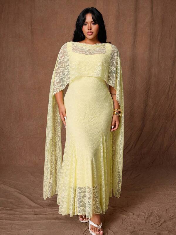 Rustia Casual Elegant French Minimalist Square Neck Slim Fit Mermaid Dress + Shawl Top, Suitable For Wedding Bride Bridesmaid Party Cocktail Party Date Beach Wear, Pale Yellow Summer Long Plus Size Women 2-Piece Set