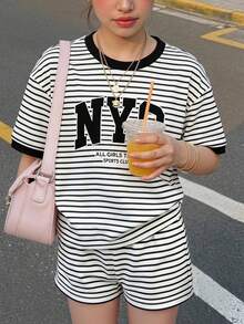 2件組少女卡通花卉公主T恤短褲套裝，甜美可愛，舒適百搭，適合夏季外出 - 彩色 - 查看 4
