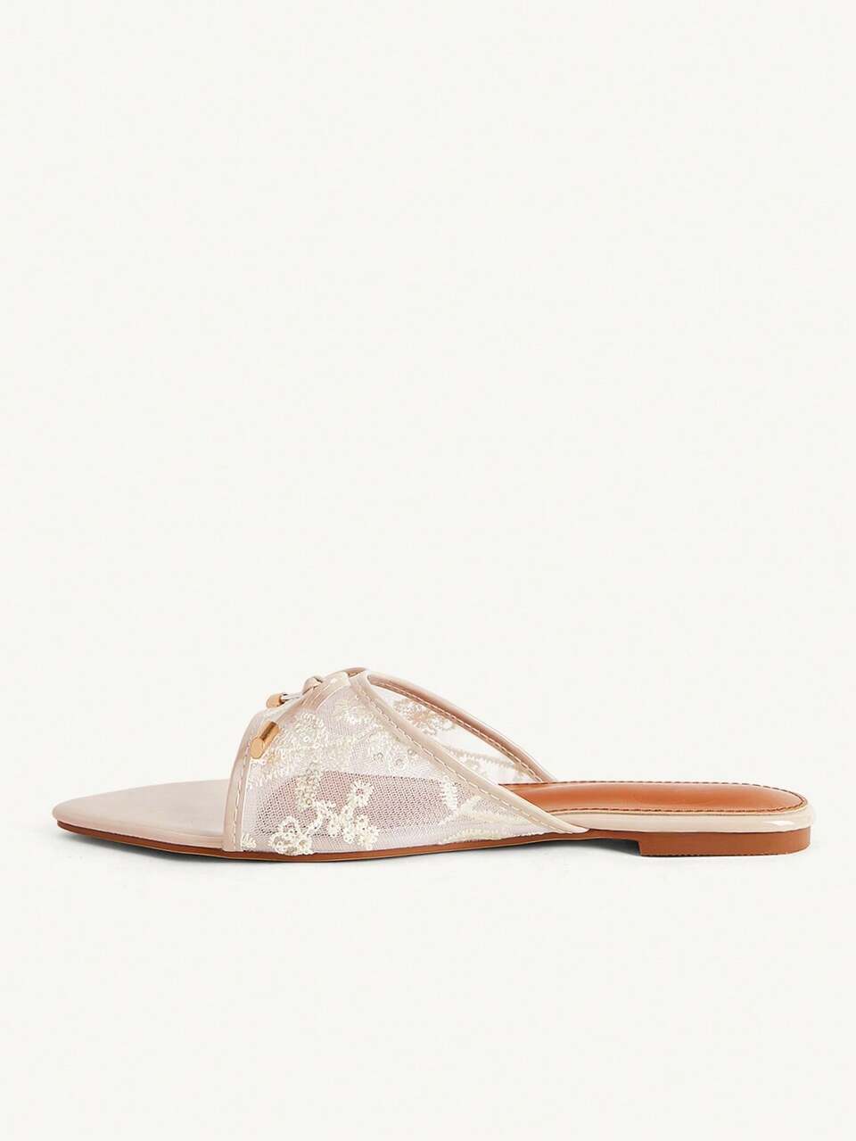CUCCOO CHICEST Women's Mesh Embroidered Pointed Flat-Soled Mullers, Bow-Tied Sandals