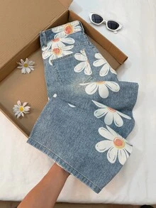 Soleia 女款休閒日常牛仔褲，附口袋、鈕扣與花卉圖案 - 藍色 - 查看 3