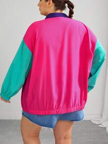 SHEIN CURVE+ 大尺碼休閒簡約薄款夾克，時尚多色拼接秋季夾克，2026年秋冬 22W 桃紅色 - 彩色 - 查看 3