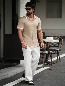 Manfinity CasualCool 男士休閒拼色短袖襯衫，夏季 - 駝色 - 查看 6