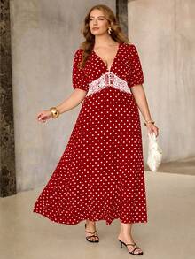 Roveilla Elegante vestido de mujer con lunares, cuello en V, manga corta, silueta ajustada en A para verano, tela sin estiramiento, adecuado para ocasiones/vacaciones/citas, blanco - Rojo - Ver 4