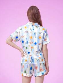 Provexi Provexi Women's Comfortable Cool Summer Short Sleeve Satin 2 Pieces Lounge Set - Blue and White - View 2