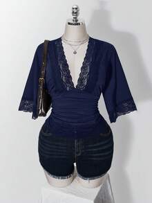 SHEIN ICON 女款大尺碼復古性感千禧風Y2K簡約休閒優雅通勤都市現代蕾絲P晚宴派對晚裝海軍藍夏季 - 藏蓝色 - 查看 5