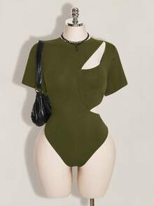 SHEIN ICON 女款大尺碼純色鏤空休閒百搭日常穿著連身衣 - 軍綠色 - 查看 3