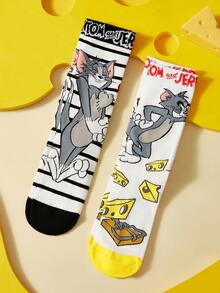 TOM & JERRY X SHEIN 2雙貓咪與老鼠圖案筒襪 - 彩色 - 查看 2