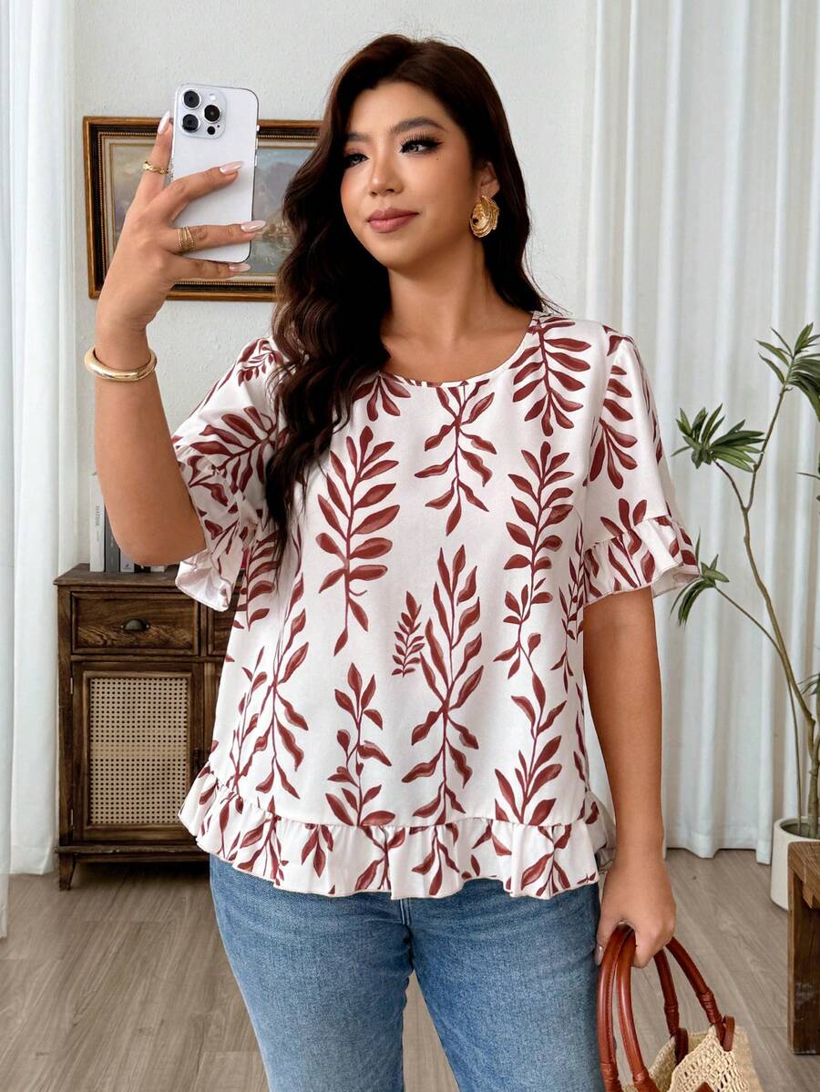 Weeklong Plus Size Women's Vacation Botanical Print Round Neck Short Sleeve Casual Shirt - Khaki - View 1