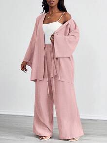 SHEIN PETITE CURVE 大尺碼女款休閒兩件套 前綁帶長袖上衣與長褲套裝 素色粉色 適合海灘正式度假商務穿搭 夏季秋季 - 藕粉色 - 查看 3