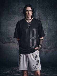 Vyqestra Men's Casual Loose Fit V-Neck Short Sleeve T-Shirt With Numeric Embroidery - Black - View 5
