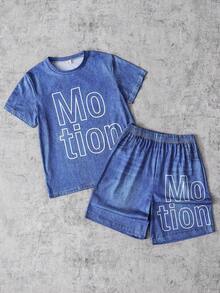 Conjunto de 2 piezas para niños grandes, camiseta azul y pantalones cortos, estampado de letras grandes y patrón de denim falso, camiseta de manga corta con cuello redondo y pantalones cortos, adecuado para uso casual diario en primavera/verano, tela cómoda, ajuste de moda, nuevo estilo de primavera/verano, adecuado para múltiples estaciones y ocasiones - Azul - Ver 3