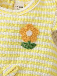 SHEIN Barboteuse décontractée à rayures et cœurs pour bébé fille, printemps/été - Jaune citron - Voir 9