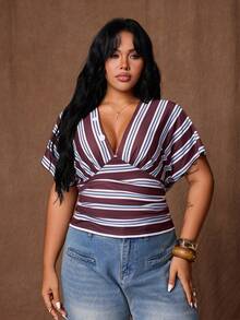 Rustia Plus Size Women's Casual One Shoulder Top With Shell Buttons, Spring/Summer - Brown - View 3