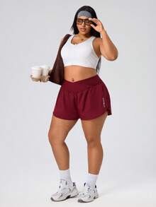 SHEIN Rhythm Era Shorts deportivos casuales para mujer talla grande con cintura cruzada y bolsillos - Granate - Ver 5