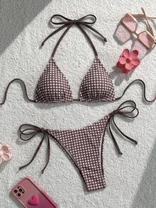 Swim Vcay 女款夏季海灘格紋掛脖綁帶性感比基尼三角褲兩件式泳衣套裝 - 彩色 - 查看 2