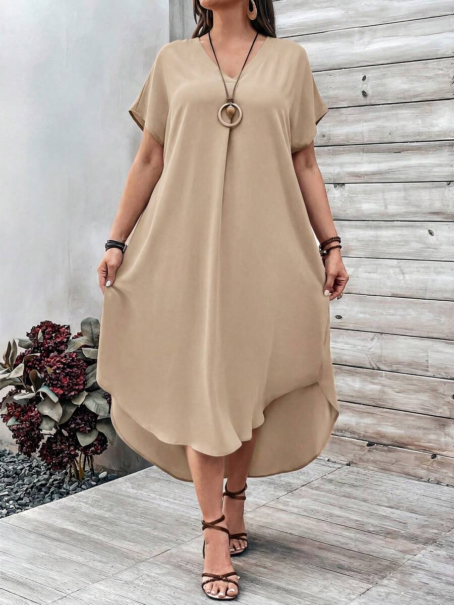 EMERY ROSE Plus Size Women Casual Solid Color Short Front Long Back Dress - Khaki - View 1
