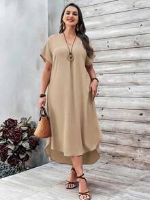 EMERY ROSE Plus Size Women Casual Solid Color Short Front Long Back Dress - Khaki - View 4