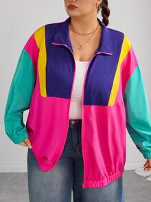 SHEIN CURVE+ 大尺碼休閒簡約薄款夾克，時尚多色拼接秋季夾克，2026年秋冬 22W 桃紅色 - 彩色 - 查看 8