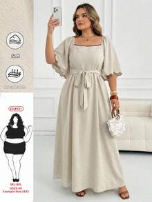 SHEIN CURVE+ Plus Size Women's Floral Trim Square Neck Raglan Sleeve Elegant Dress - Beige - View 1