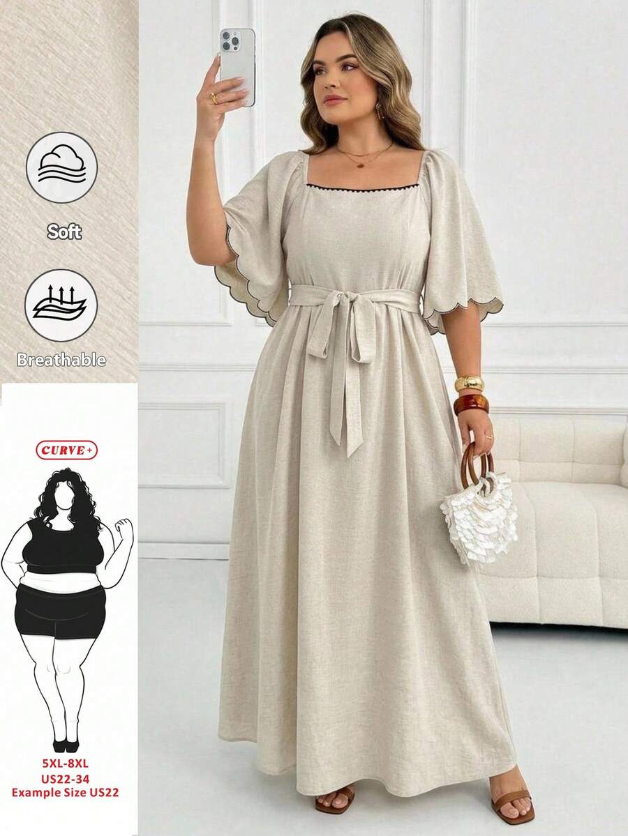 SHEIN CURVE+ Plus Size Women's Floral Trim Square Neck Raglan Sleeve Elegant Dress - Beige - View 1