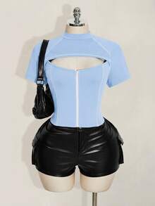 SHEIN ICON 女款大尺碼拼色立領鏤空休閒百搭日常穿著T恤 - 藍色 - 查看 6