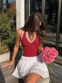 SHEIN MOD 女款波點掛脖無袖短版紅色與白色甜美性感可愛 90s 80s 復古 Y2K 吊帶上衣 外出度假派對萬聖節節慶夏季 - 紅白色 - 查看 4