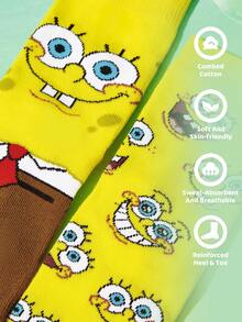 SpongeBob SquarePants | SHEIN 2雙純棉可愛卡通圖案兒童中筒襪，男女通用，襪跟加強耐磨 - 黃色 - 查看 2