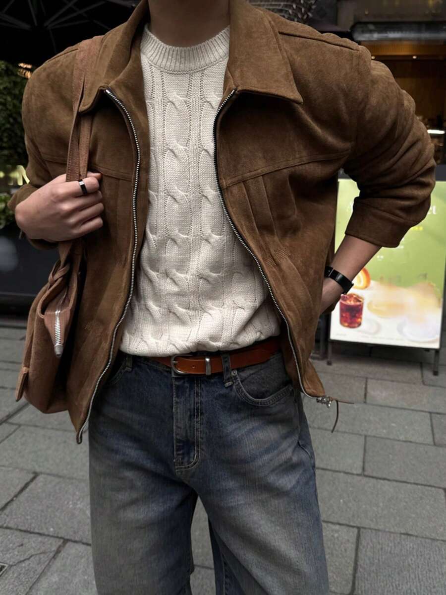 DAZY Autumn Solid Brown Suede Pleated Inner Lining Design Men's Jacket And Coat - Brown - View 1