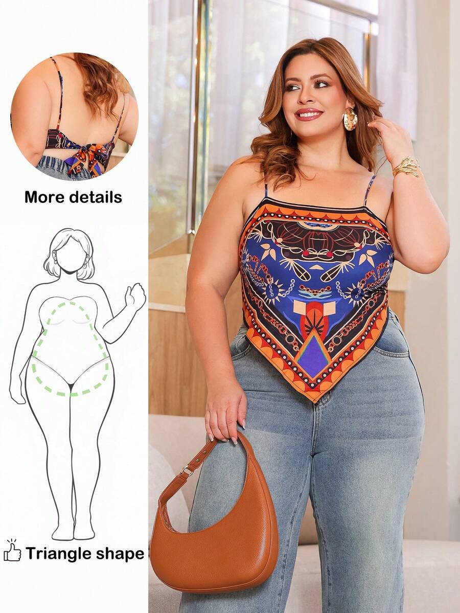 Wellenrocha Plus Size Camis Asimetris Backless Tie Back Syal Cetak Seksi - MultiWarna - View 1