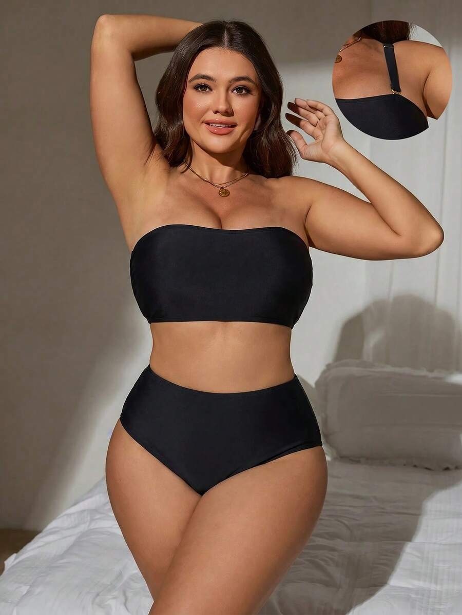 SHEIN Swim 基本簡約豹紋抹胸式大尺碼女款泳衣套裝 - 黑色 - 查看 1