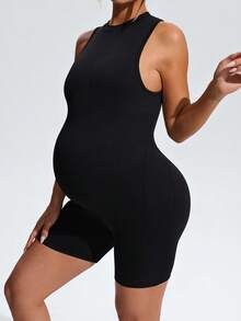 SHEIN Maternity Solid Color Casual Daily Wear Sports Romper - Black - View 8