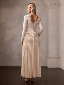 MOTF Soiréza ELEGANT WOMEN'S SQUARE NECK LONG SLEEVE BEADED CHIFFON PLEATED MAXI DRESS , WEDDING, PARTY - Champagne - View 4
