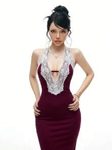 Sweetina Deep V-Neck Lace Trim Backless Long Mermaid Dress - Purple - View 4