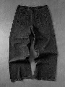 ROMWE MEN Jeans rectos de ajuste holgado con estampado lavado de peso pesado para hombres - Negro - Ver 7