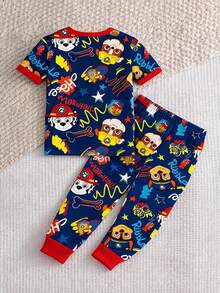 SHEIN | PAW Patrol 小男孩休閒簡約款，柔軟舒適，經典可愛卡通動畫圖案印花，可愛小狗貼身舒適圓領短袖T恤與長褲貼身居家服，適合春夏季 - 彩色 - 查看 2