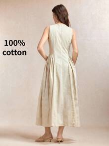 BizChic Waist-Cinched Lace Trim Patchwork Pleated Striped Dress, Elegant Sexy French Vintage Business Commute Date Daily Vacation Halloween Back To School Party Birthday Slimming Elegant Versatile Autumn Wedding Guest Church Special Occasion Office Formal Vacation Style Light Luxury Minimalist - Apricot - View 4