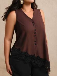Juhart Plus Size Women's Solid Color V-Neck Sleeveless Blouse, Asymmetrical Hem Lace Trim Design, Elegant Casual Style, Suitable For Spring/Summer Vacation Outfits - Brown - View 9