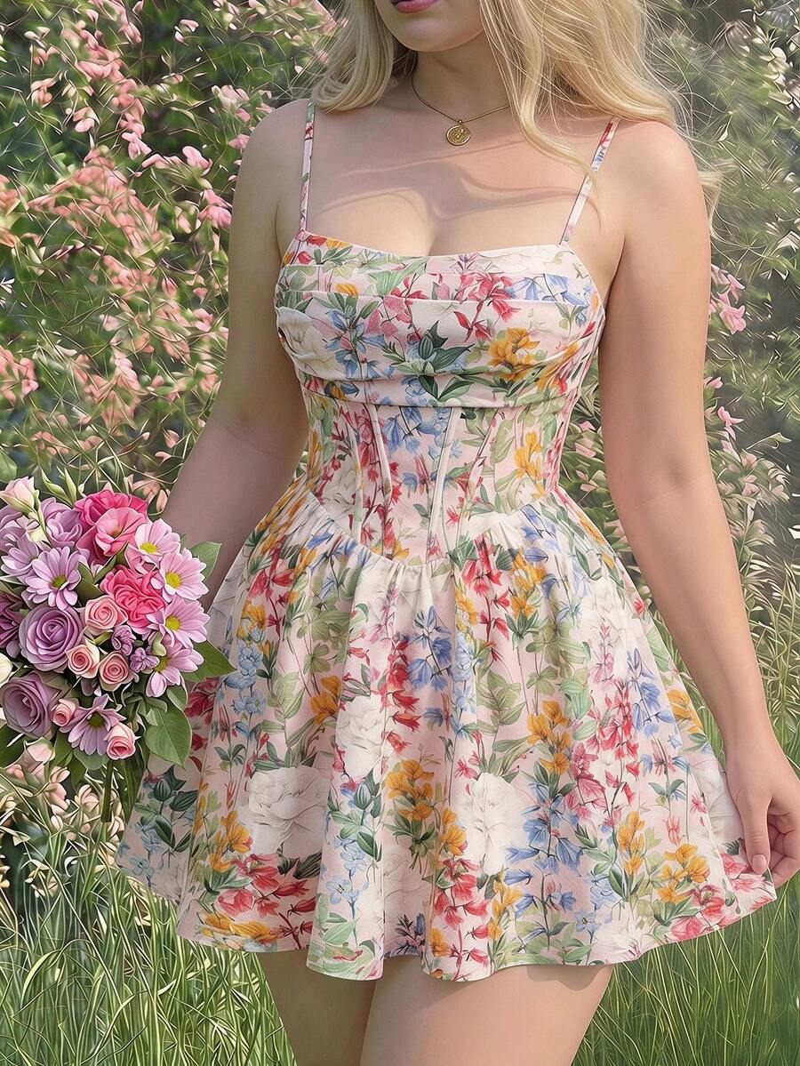 SHEIN MOD 大尺碼女款粉色碎花細肩帶洋裝，浪漫優雅