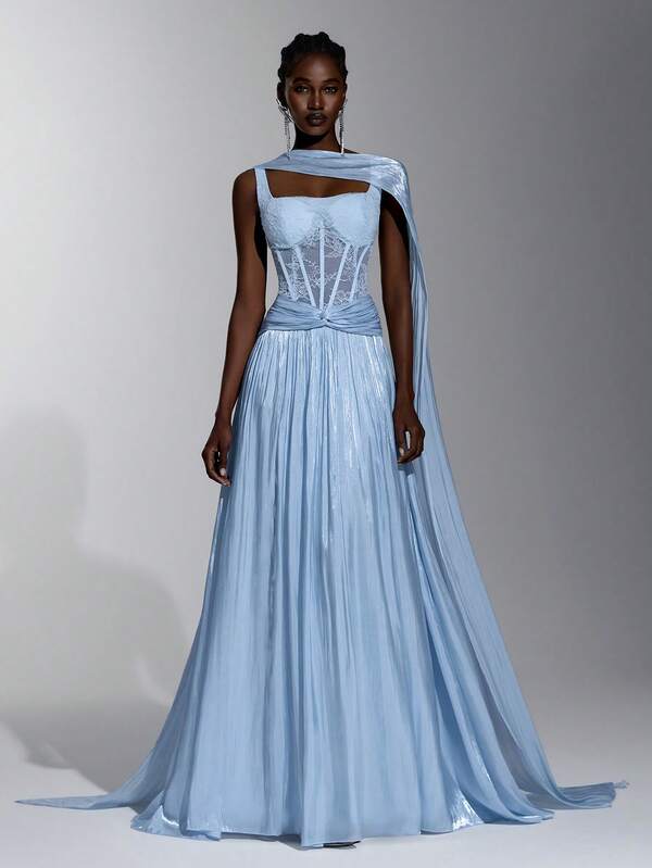 Elitara Elegant Romantic Fashionable Dignified Sexy Blue Lace Patchwork Gold Thread Chiffon Skirt Spaghetti Strap Bustier Bra Boning Decor Full Skirt Elegant Party Dress Wedding Guest Dress Bachelorette Party Dress Bridesmaid Dress Formal Evening Gown