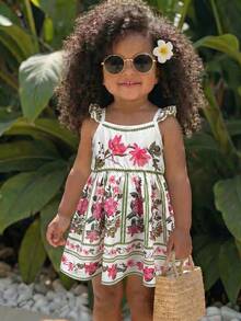 Travachic KIDS Travachic KIDS 1 Stück Baby Mädchen Lässig Süßes Muster Platzierung Retro Muster Blumen Vintage Stil Ärmellos Elastischer Taille Kleid - Weiss - Übersicht 5
