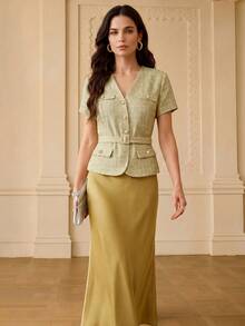 ZEYLAH Spring/Summer Short Sleeve Button-Up Business Fashion 2 In 1 Dress - Yellow - View 3