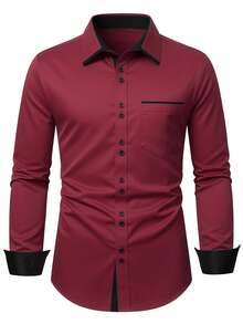 Manfinity Mode Camisa formal de manga larga con botones delanteros y bolsillo de color contrastante, para hombre, de uso casual diario, para otoño - Burdeos - Ver 3