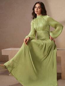 Anewsta Women's Elegant Round Neck Long Sleeve Beaded Chain Ruched Waist Shiny Party Long Dress - Green - View 7