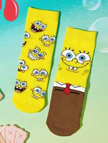 SpongeBob SquarePants | SHEIN 2雙純棉可愛卡通圖案兒童中筒襪，男女通用，襪跟加強耐磨 - 黃色 - 查看 1