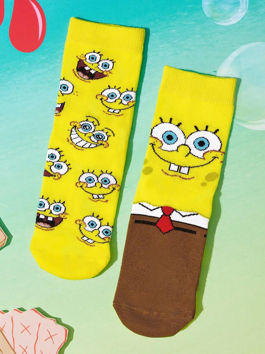 SpongeBob SquarePants | SHEIN 2雙純棉可愛卡通圖案兒童中筒襪,男女通用,襪跟加強耐磨 - 黃色 - 查看 1