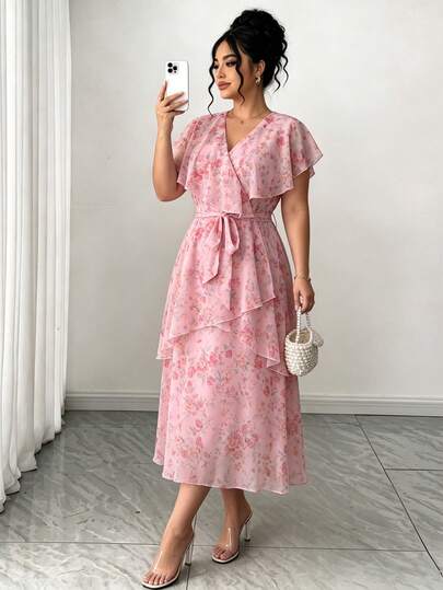 Modelyn Plus Size Short Sleeve Chiffon Multi-Layer Long A-Line Casual Dress For Women