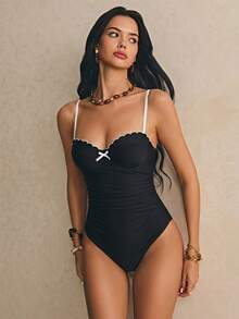 Poéselle Vacation Beach Night Out Party Bow Decor One-Piece Swimsuit Black And White Summer Sexy - Black - View 3