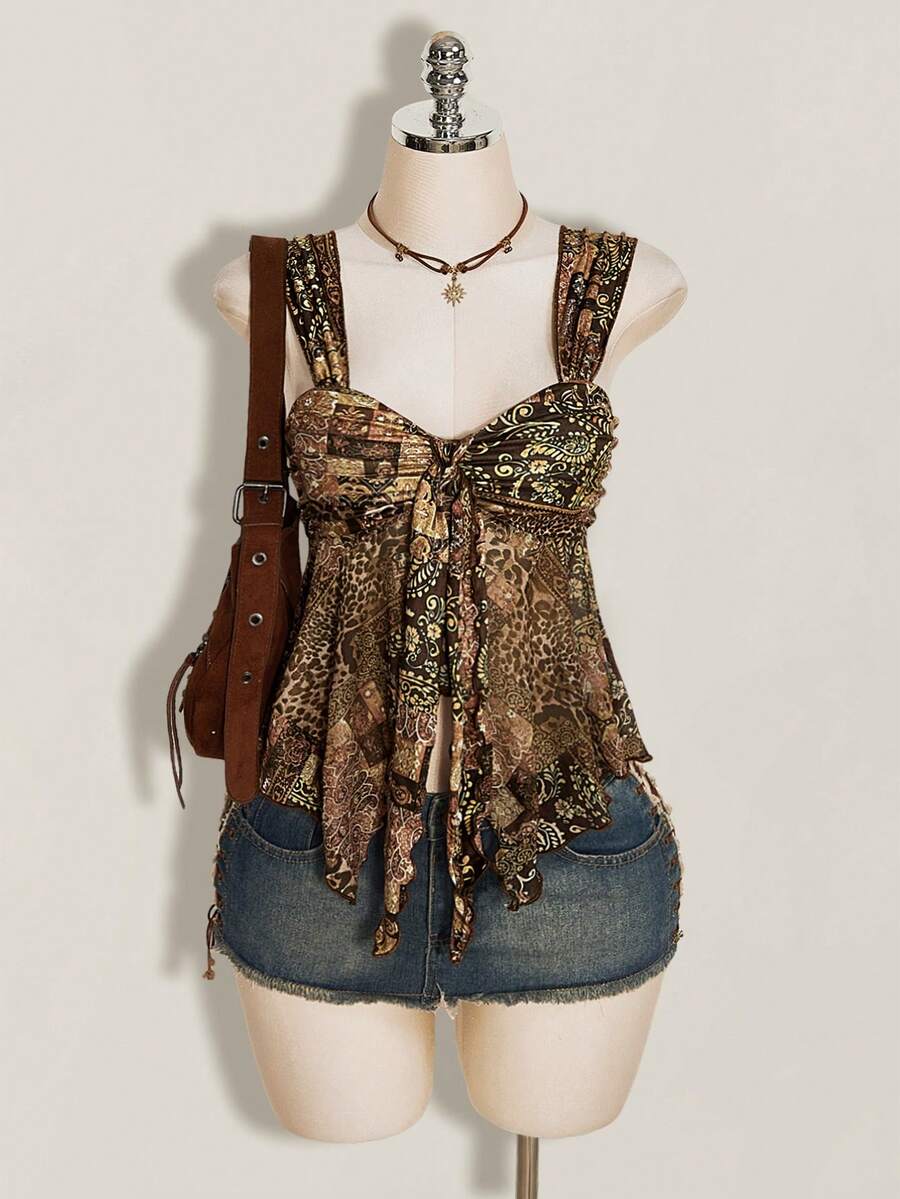 SHEIN ICON Y2K 波希米亞風棕色復古印花不對稱網紗下擺女款背心 - 棕色 - 查看 1