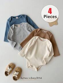 Cozy Pixies Newborn Baby Girl & Boy Autumn/Winter Cute Solid Color Long Sleeve Romper 4pcs -Piece Set, Knitted Soft Round Neck Striped & Solid Color Multi-Piece - Multicolor - View 4